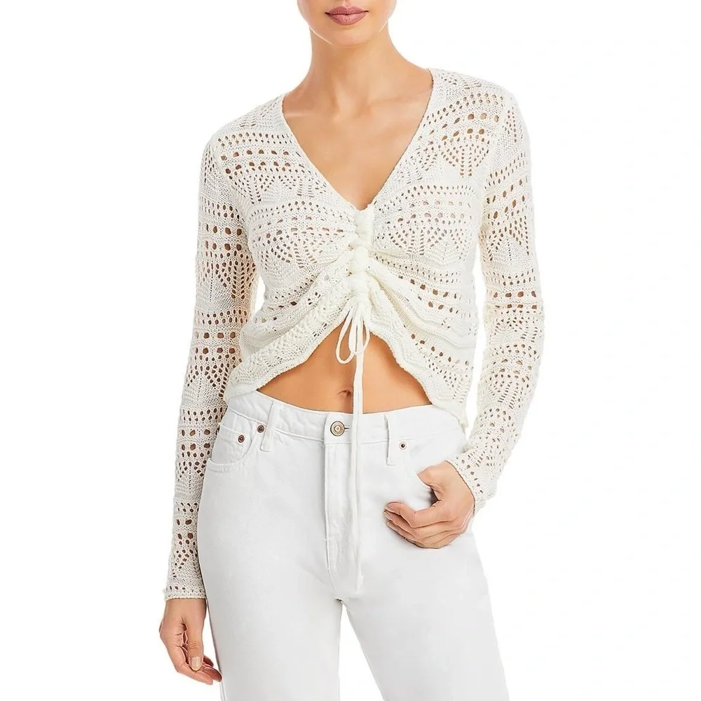 AQUA Chic White Cropped Crochet Sweater XL​